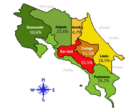Mapa de Costa Rica que expone la distribuci&oacute;n de bonos de vivienda por provincia.