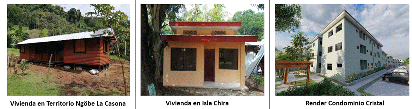 Fotos de viviendas en el Territorio Ngöbe La Casona, Isla Chira y render del Condominio Cristal. 