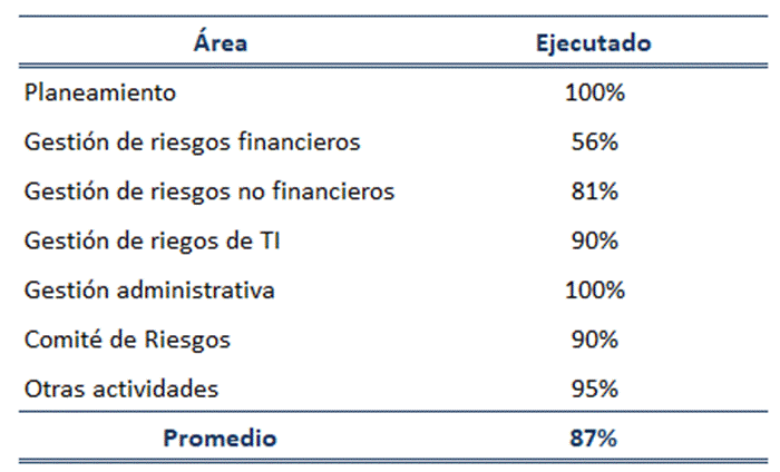 Tabla con la porcentaje de ejecuci&oacute;n del plan de trabajo de la Unidad de Riesgos. 