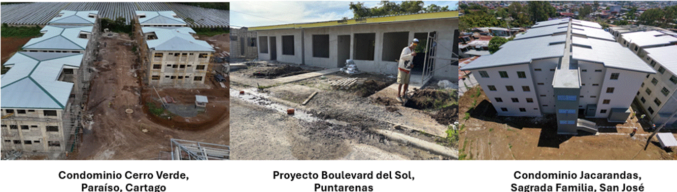 Fotograf&iacute;as de los proyectos en desarrollo Condominio Cerro Verde en Para&iacute;so de Cartago, Boulevard del Sol en Puntarenas y Condominio Jacarandas en Sagrada Familia, San Jos&eacute;.