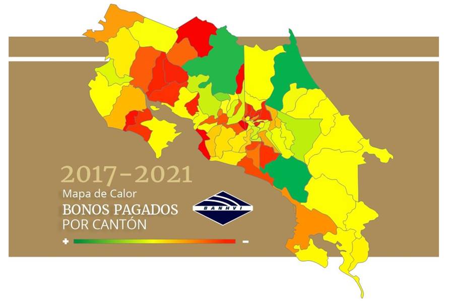 Mapa de calor de Costa Rica con la distribuci&oacute;n de los bonos otorgados por cant&oacute;n. Periodo 2017-2021.
